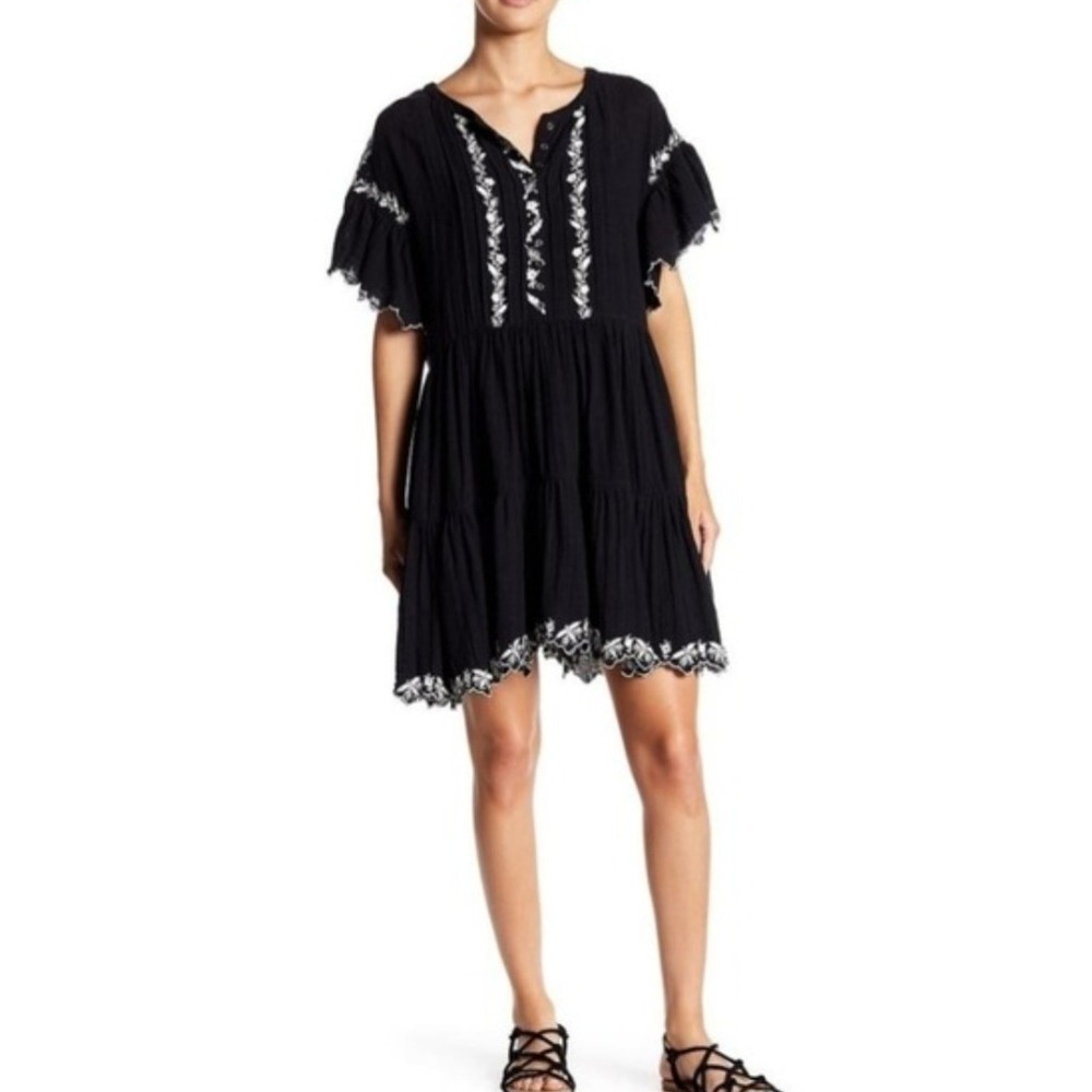 Free People Black Embroidered Gauze Tiered Babydoll Mini Dress Short Sleeve